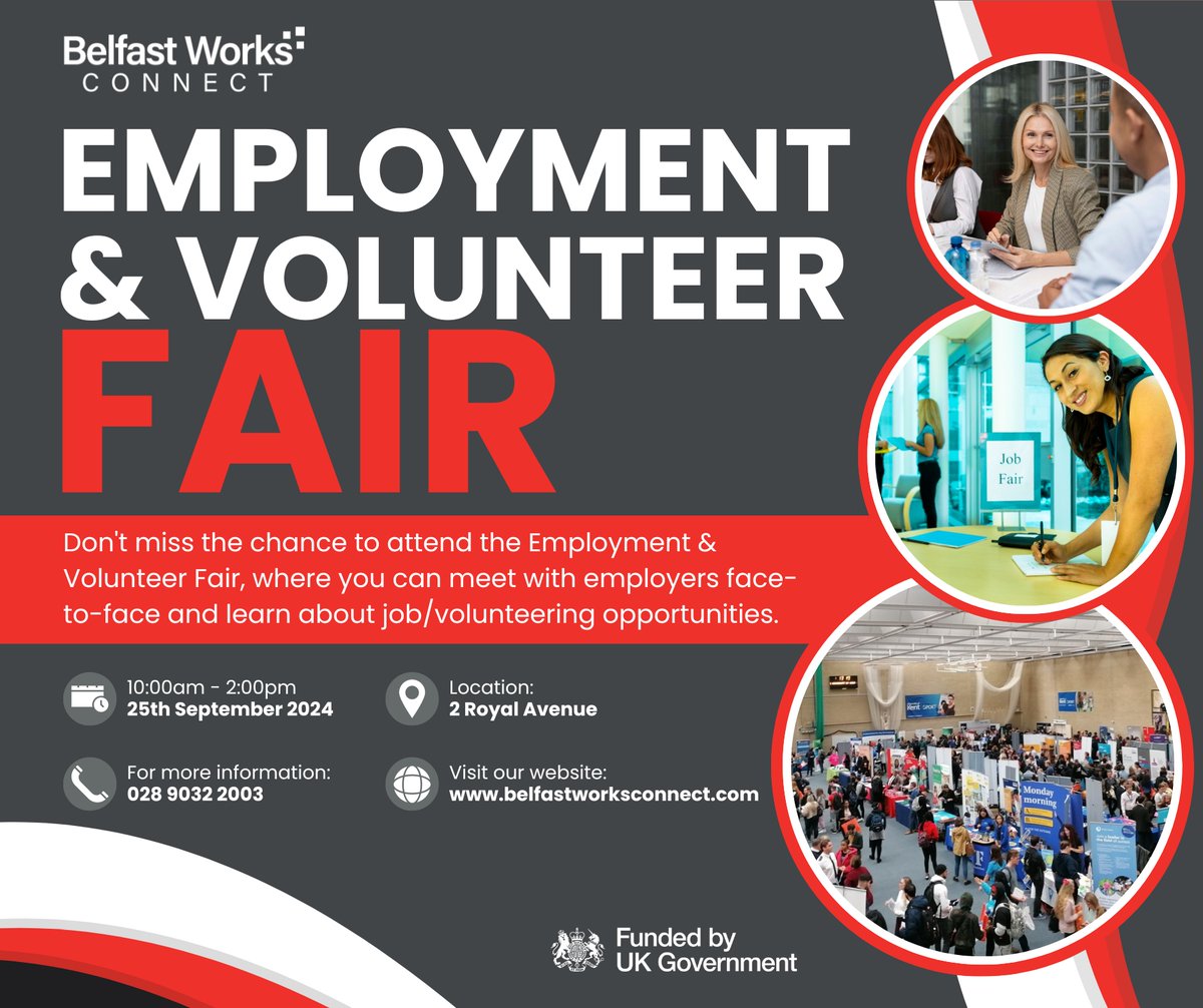 Employment &amp; Volunteer Fair
Wednesday 25th September 10am - 2pm
2 Royal Avenue, Belfast City Council
Everyone welcome.