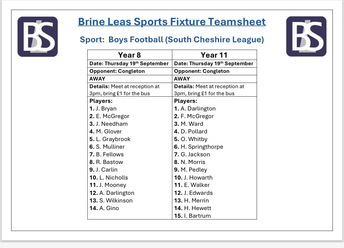 bls_pe's tweet photo. And here are the teamsheets for the first fixtures against Congleton! Parents/carers/relatives are all welcome to come along and watch! The more support the better! #TeamBLS https://t.co/0rYwhYhbfc
