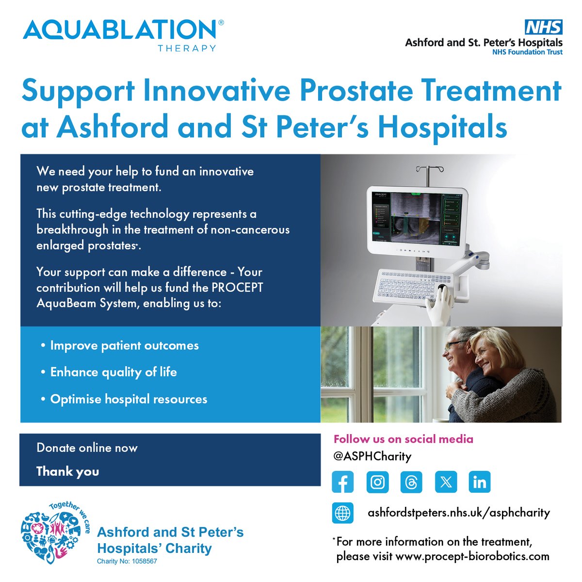 Please support our fundraising efforts to bring this new technology to treat our prostate patients.
For more information on this amazing treatment, visit :
 Surgical Robot for Prostate Resection | PROCEPT (procept-biorobotics.com)