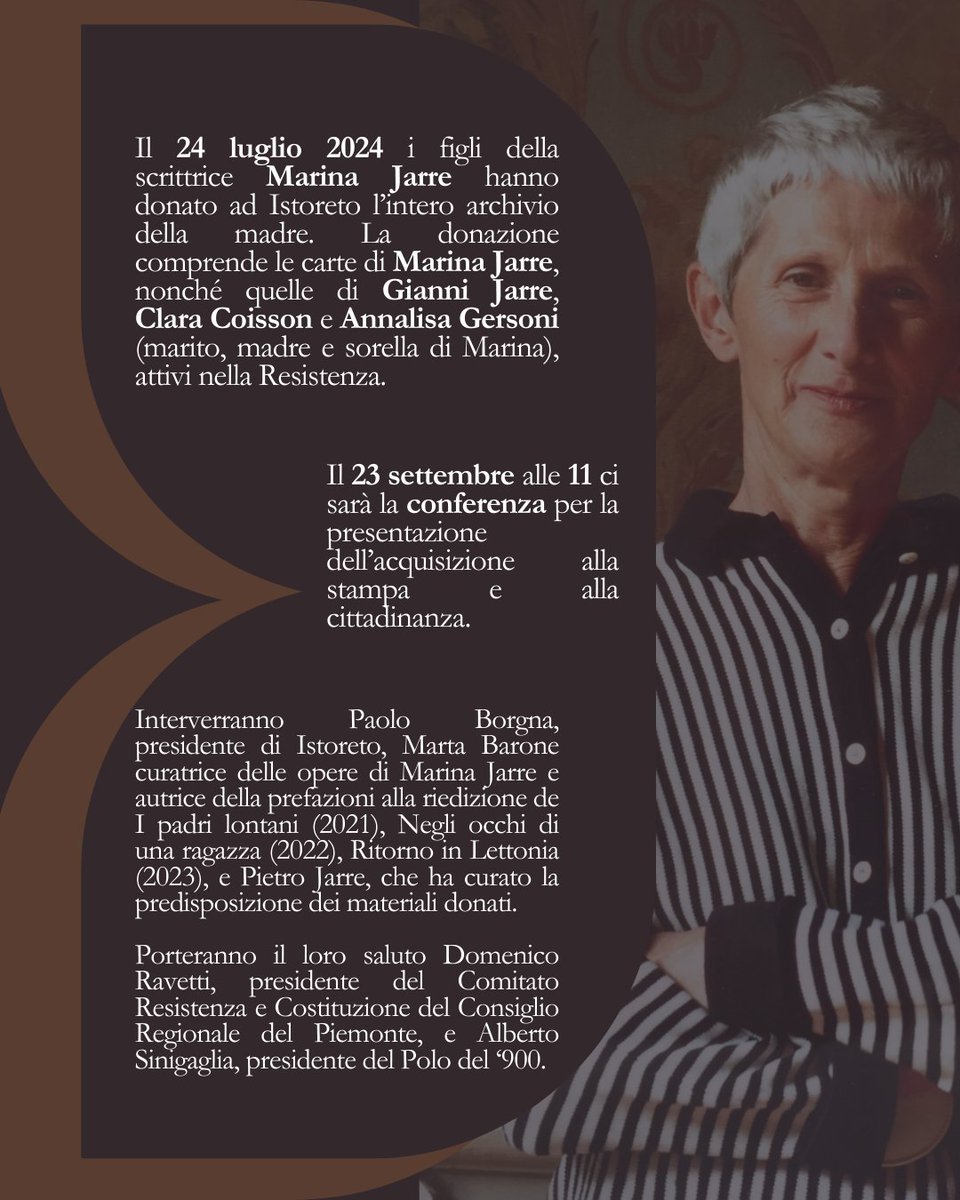 Il 23 settembre, alle ore 11, si terrà la presentazione dell’acquisizione dell'archivio di Marina Jarre alla stampa e alla cittadinanza.