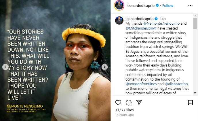 Wildfirebks's tweet photo. Big thanks to @LeoDiCaprio for this shout out for #Nemonte's memoir - publishing this week in the US. @AFrontlines https://t.co/IVGUxKoxPb