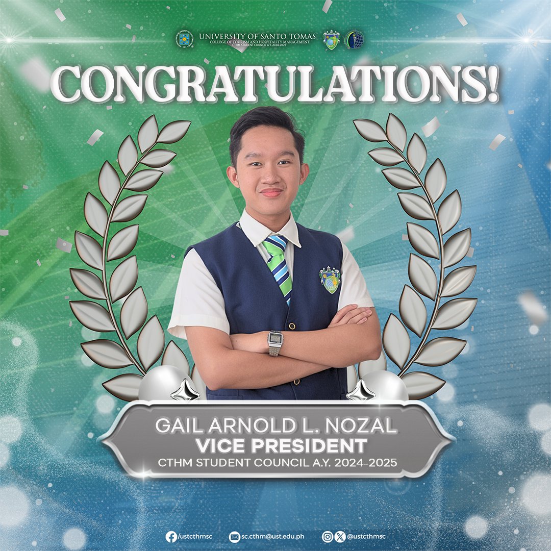 USTCTHMSC's tweet photo. They say every accomplishment starts with the decision to try. Let’s warmly applaud our newly elected Vice President and Auditor of the UST CTHM Student Council! 👏✨

#CTHMSC2425

— https://t.co/sBQt2XqM98