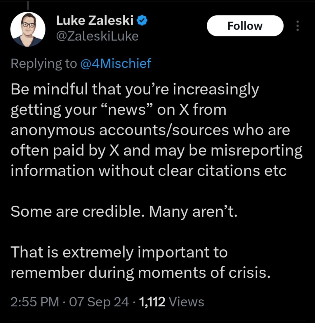 Hinton007's tweet photo. @ZaleskiLuke You gave good advice earlier that you may wish to apply here. Anyone can show up at an event and say whatever they want. It doesn't mean it's true. Don't believe it just because it supports the narrative you believe. They could be legit, but have an equal chance of being liars. https://t.co/XIU3vFEImg