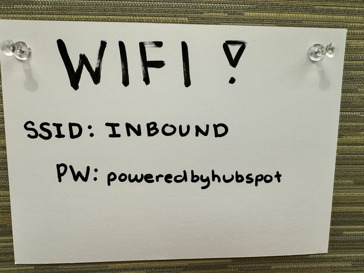 The answer you’ve been looking for…

WiFi: INBOUND
Password: poweredbyhubspot 

You’re welcome! 😁

#INBOUND24 | <a href="/INBOUND/">INBOUND</a>
