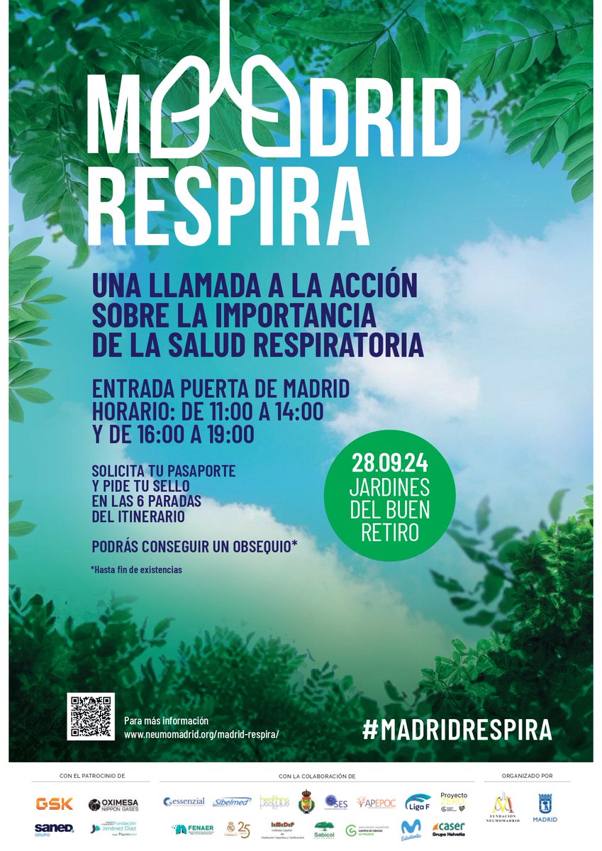 ¡Vuelve #MadridRespira!

📅 28 de septiembre
📍 <a href="/_ElRetiro/">El Parque del Retiro</a>

Esta cita organizada junto a <a href="/MADRID/">Ayuntamiento Madrid</a> y el apoyo de <a href="/Hospital_FJD/">Fundación Jiménez Díaz</a>, <a href="/GrupoSANED/">Grupo SANED #40añoscontigo</a>, <a href="/GSK/">GSK</a> Y <a href="/OximesaNG/">OximesaNG</a> ofrecerá actividades educativas y lúdicas diseñadas para todas las edades 

¡Te esperamos!

neumomadrid.org/madrid-respira/