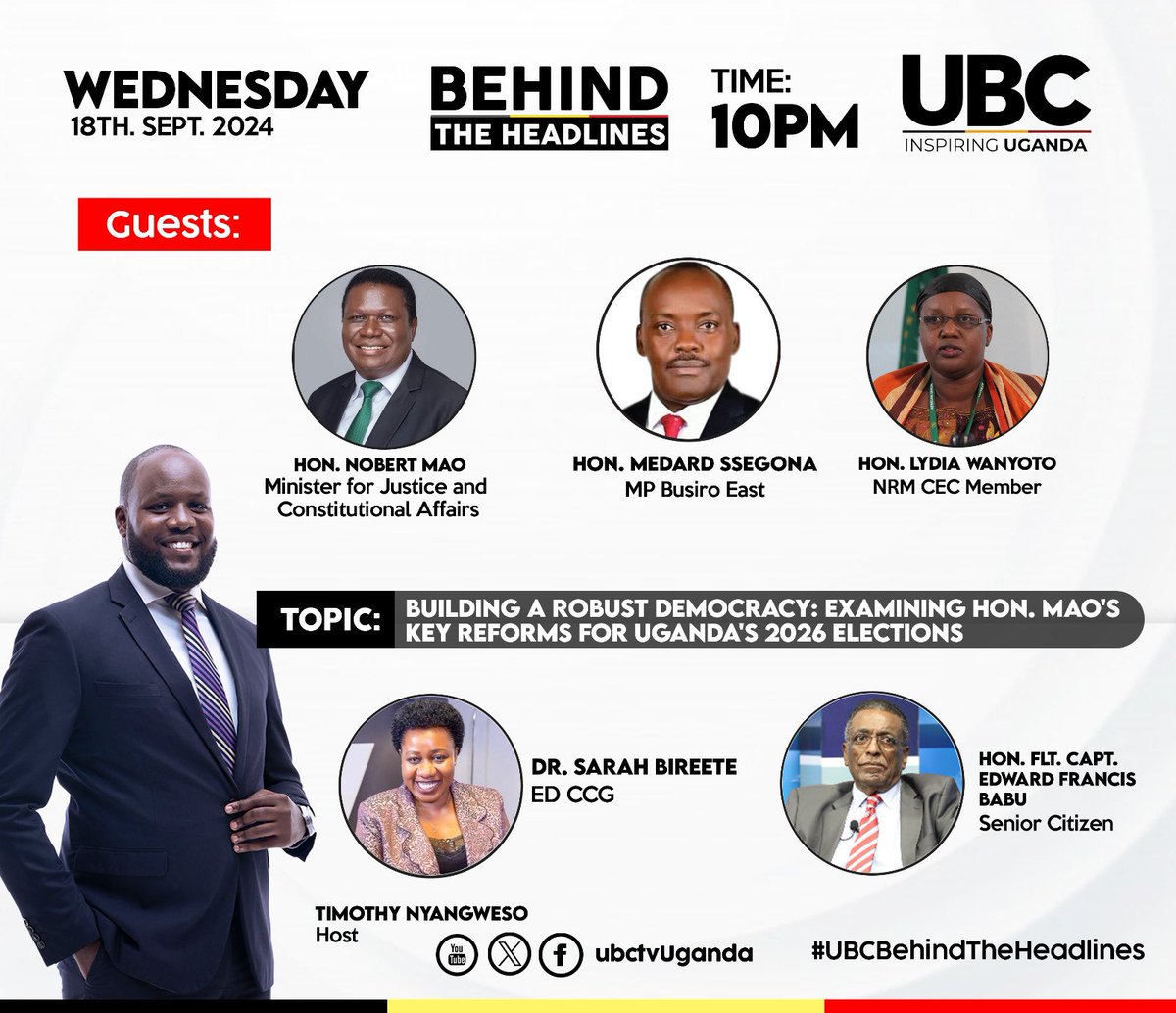 Center for Constitutional Governance (CCG) (@ccgea1) on Twitter photo TONIGHT ON #BehindTheHeadlines, our ED <a href="/SarahBireete/">Dr. Bireete Sarah</a> who is Chairperson of <a href="/gndemexchanges/">GNDEM Exchanges</a> and <a href="/ehorn_/">East and Horn Of Africa Observation Network</a> will be on the panel with <a href="/norbertmao/">Norbert Mao</a> <a href="/babuedward/">Edward Francis Babu (Official</a> <a href="/LydiaWanyoto_M/">Lydia Wanyoto Mutende</a> <a href="/MSseggona/">Medard Lubega Sseggona</a> - moderated by <a href="/TimNyangweso/">Timothy Nyangweso</a> to Examine Mao’s Key Reforms for Uganda’s 2026 Elections <a href="/ubctvuganda/">UBC UGANDA</a> TONIGHT ON #BehindTheHeadlines, our ED <a href="/SarahBireete/">Dr. Bireete Sarah</a> who is Chairperson of <a href="/gndemexchanges/">GNDEM Exchanges</a> and <a href="/ehorn_/">East and Horn Of Africa Observation Network</a> will be on the panel with <a href="/norbertmao/">Norbert Mao</a> <a href="/babuedward/">Edward Francis Babu (Official</a> <a href="/LydiaWanyoto_M/">Lydia Wanyoto Mutende</a> <a href="/MSseggona/">Medard Lubega Sseggona</a> - moderated by <a href="/TimNyangweso/">Timothy Nyangweso</a> to Examine Mao’s Key Reforms for Uganda’s 2026 Elections <a href="/ubctvuganda/">UBC UGANDA</a>