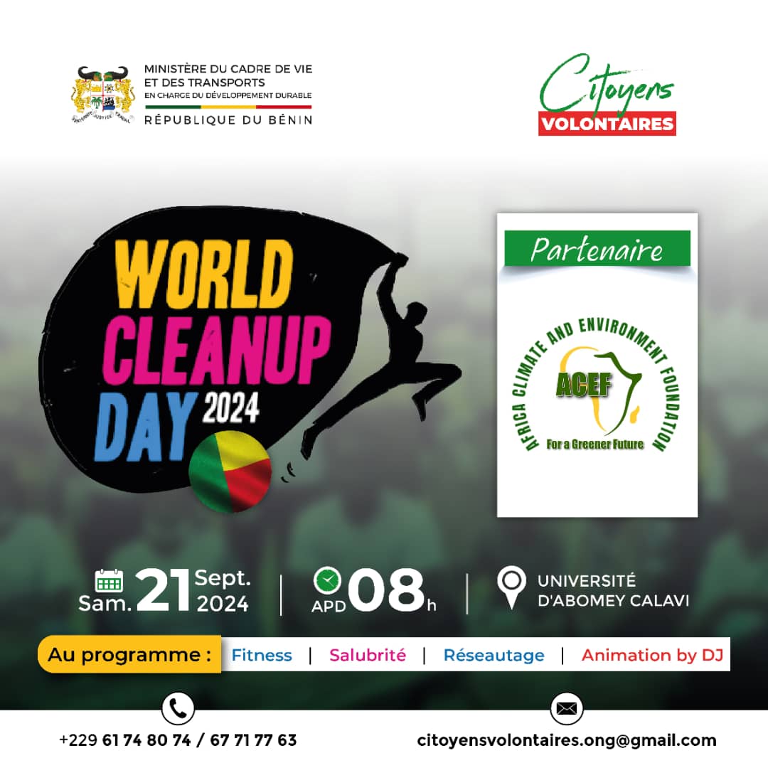 OngCtvl's tweet photo. Nous sommes ravis d'annoncer le partenariat entre @OngCtvl et #ACEF (Africa Climate andEnvironment Foundation) dans le cadre de la #WorldCleanupDay2024 !
Rejoignez-nous le 21 septembre 2024, à partir de 8h à l'Université d'Abomey Calavi, pour une journée dédiée à la propreté, https://t.co/vq261L0UcA
