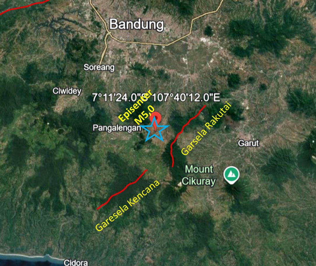 daryono_eq_talk's tweet photo. Lokasi episenter gempa M5,0 dan jalur Sesar Garsela https://t.co/StBDJX945E