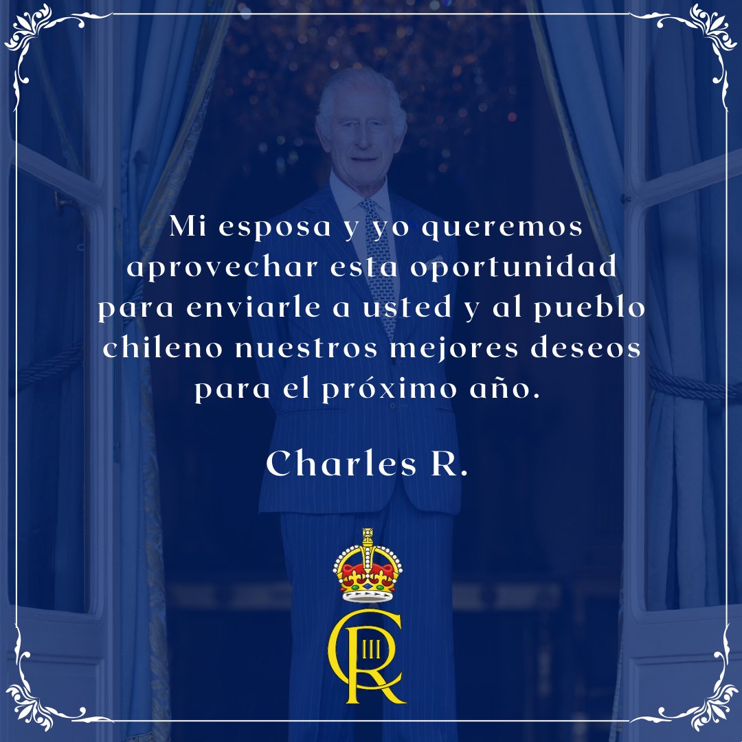 UKinChile's tweet photo. 👑🇬🇧🇨🇱 Mensaje del Rey Carlos III al presidente y al pueblo de Chile por Fiestas Patrias:

@Minrel_Chile @AlbertoKlaveren @GabrielBoric @RoyalFamily

#reycarlos #fiestaspatrias #chile #18deseptiembre #gabrielboric #kingcharles #royalty #chile #uk #ukinchile https://t.co/WMrEpoPGQZ