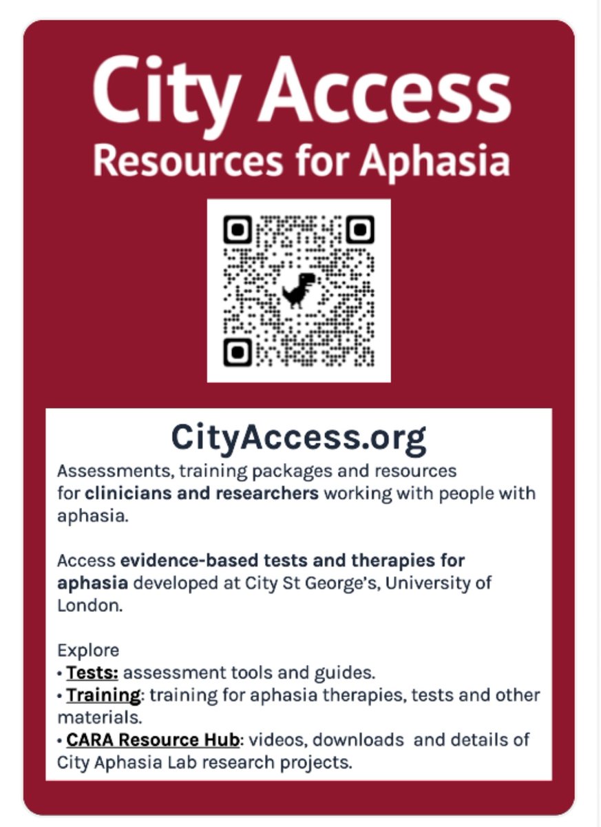Visit CityAccess.org to access evidence-based tests, therapies, and resources for #aphasia developed at City St George’s, University of London.

And explore the CARA Resource Hub for videos, downloads  and details of City Aphasia Lab research projects. 

#BASconf24