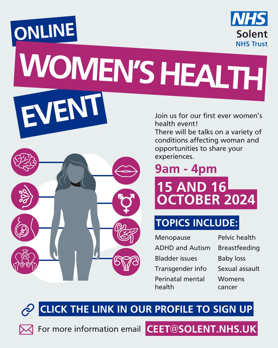 FREE online Women's Health Event! 🙌

Click the link below, and pick the sessions you'd like to attend 👇

forms.office.com/e/nJ7Yk6zhhE

The sessions will be run by either a Solent NHS Trust or Southern Health team or one of our amazing community partners

#womenshealth #menopause