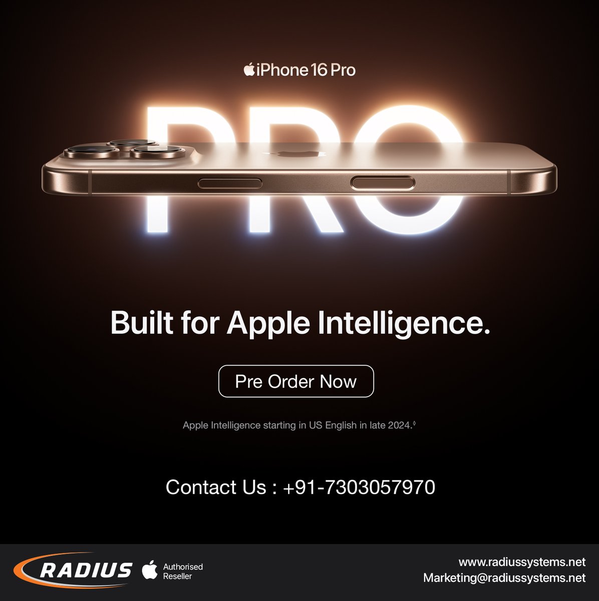 RadiusSystems's tweet image. iPhone 16 Pro. Built for Apple Intelligence. Featuring a stunning titanium design. Camera Control. 4K 120 fps Dolby Vision. And A18 Pro chip.

#iPhone16Pro #AppleIntelligence #TitaniumDesign #A18ProChip #CameraControl #4K120fps #RadiusSystems