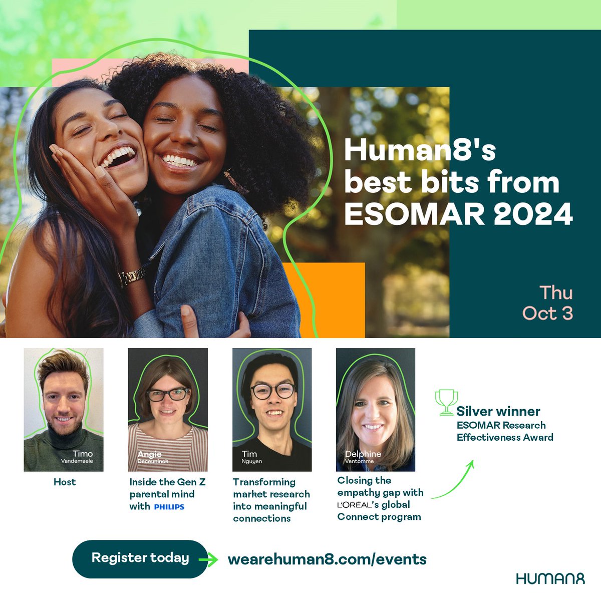 Couldn't join us at <a href="/ESOMAR/">ESOMAR</a>? Don't worry, we're bringing Human8's best bits of ESOMAR 2024 straight to you on October 3rd! 

Register today and find out how <a href="/Philips/">Philips</a> &amp; <a href="/LOrealGroupe/">L'Oréal Groupe</a> get closer to consumers 🔗 inspire.wearehuman8.com/4etD5Xq

#closeness #weareHuman8 #AI #empathy