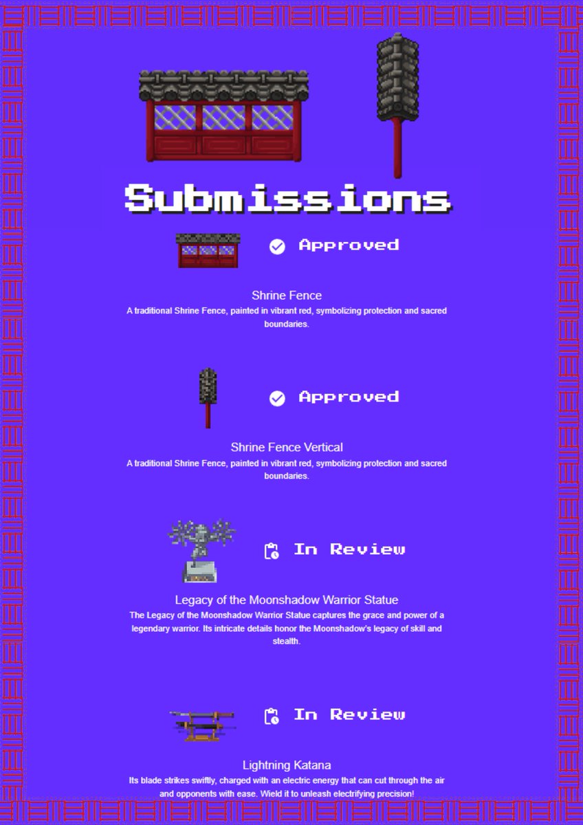 🏮GIVEAWAY TIME!🏮

To celebrate my UGCs getting accepted in <a href="/pixels_online/">Pixels</a>, I’ll be giving away a Shrine Fence Set to 2 lucky winners! 🙌

A huge thank you to the Founder of <a href="/AltheasLegends/">Legends of Althea</a>  for making these beautiful UGCs below. 💫

#Pixels #PixelsOnline #UGC #LegendsofAlthea