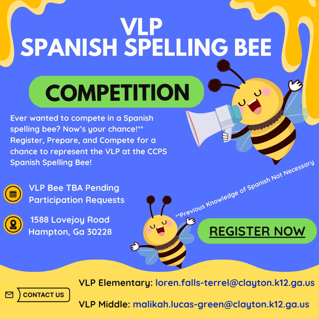 📝✨ Are you ready to spell your way to victory? Join us at the CCPS Spanish Spelling Bee and showcase your skills for a shot at the county competition! No Spanish experience needed—just bring your enthusiasm and compete for VLP! 🎉🌟 #SpanishSpellingBee #VLP #ChallengeAccepted