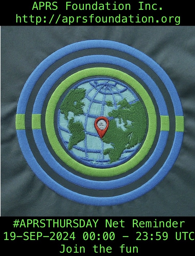 kc8owl's tweet photo. WHAT: #APRSTHURSDAY net
WHEN: 19-SEP-2024 00:00 - 23:59 UTC
WHERE: APRS
HOW: Destination Station = ANSRVR
HOW: Message body = CQ [space] HOTG [space] your text check-in message of choice.

The APRS Foundation is all about ensuring the future of APRS.  https://t.co/ryUhOI6hVP https://t.co/MqLgwOtpPM