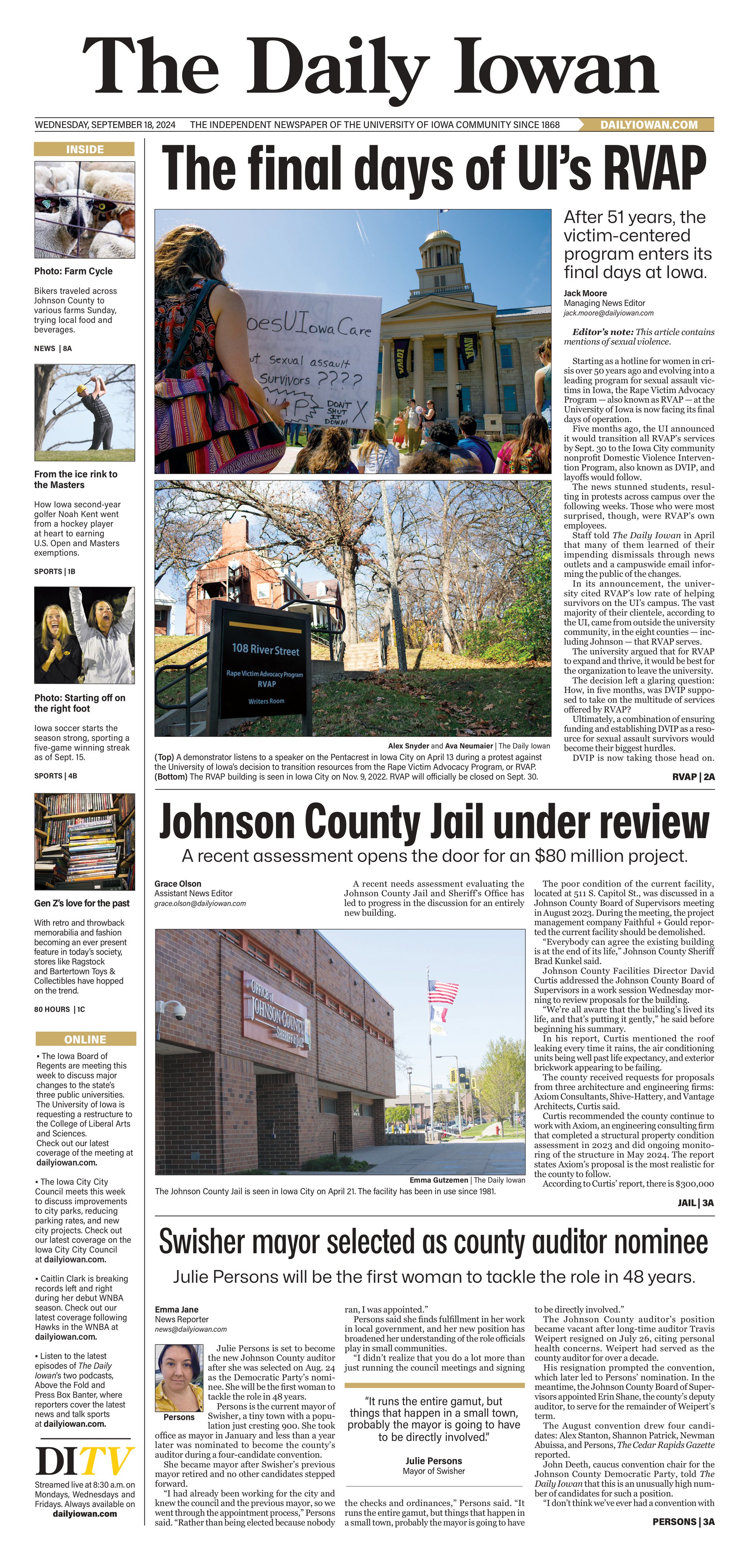 The Daily Iowan on X Today s News Front Wednesday September 18 2024 Check out our latest news front by Jackmoore 004 as RVAP at the University of Iowa faces its final days ahead