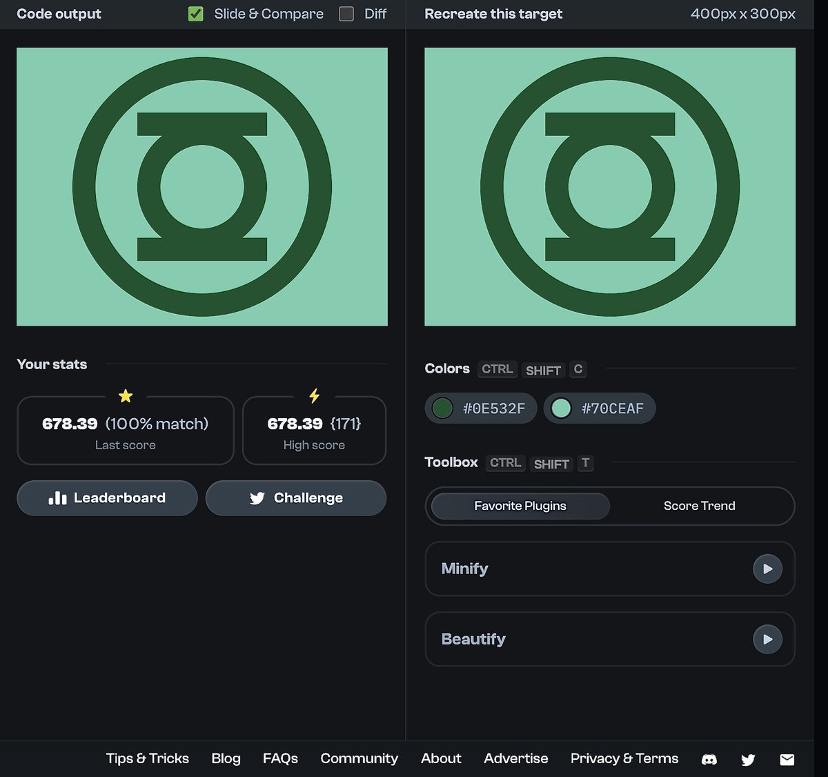 nwoye_ezekiel's tweet image. CSS Battle Challenge #11 🚀
Ranked 49th globally for this one.
100% match or nothing! 🙅🏽♂️
Here's the link to the challenge: cssbattle.dev/play/207
#CSS #CSSBattle #GreenLantern