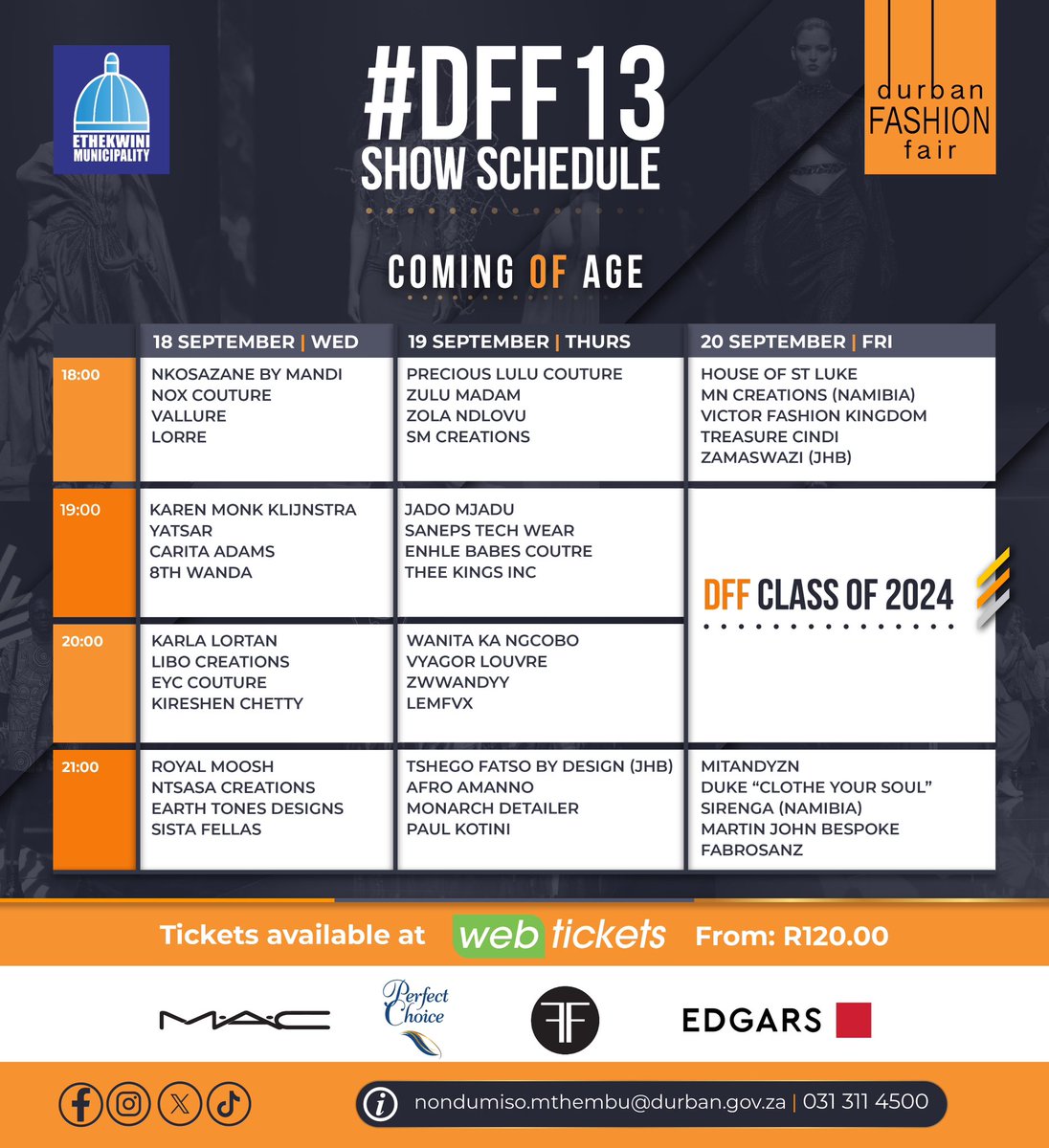 METROFMSA's tweet photo. The 13th Durban Fashion Fair show schedule is a true reflection of a fashion extravaganza to be showcased from 18 to 20 September at The Station Urban Event Space. Get your ticket from Boxer, Pick ‘n Pay & Webtickets -> https://t.co/uGIaNE9iIr
Tickets cost R120 per show. There are also day passes available for R250 to attend all the shows on a day, while an all-inclusive three-day VIP pass costs R500. #DFF13 #BuyLocal #VisitDurban
#EThekwiniMunicipality