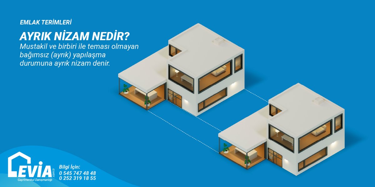 Ayrık Nizam Nedir? 
Müstakil ve birbiri ile teması olmayan, bağımsız (ayrık) yapılaşma durumuna Ayrık Nizam denir.

#bodrum
#bodrumdasatılık
#bodrumdasatılıkev
#bodrumdasatılıkvilla
#bodrumdasatılıkmüstakilev
#eviagayrimenkul
#eviacomtr
#ayrıknizam