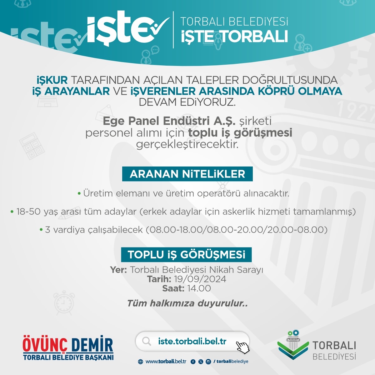 'İşte Torbalı' projesi ile İŞKUR tarafından açılan talepler doğrultusunda iş arayanlar ve işverenler arasında köprü olmaya devam ediyoruz.