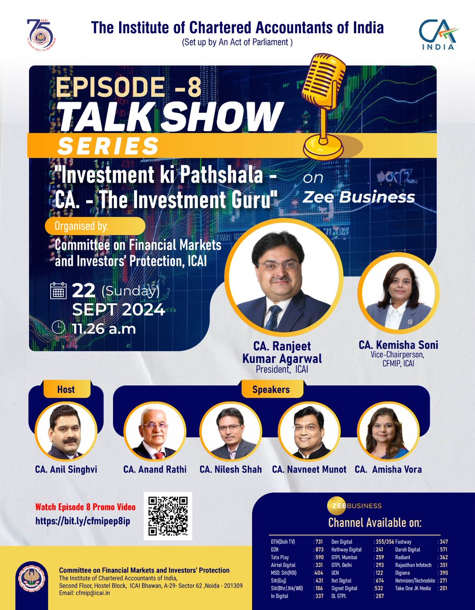 Exciting news!!!

Episode 8 of “Investment Ki Pathshala - CA: The Investment Guru” will air on the channel of Zee Business on 22.09.24, Sunday, at 11:26 AM! Watch the promo and see what’s in store. 

#InvestmentKiPathshala #ZeeBusiness 
  
Promo Link: youtube.com/watch?v=0REHoN…