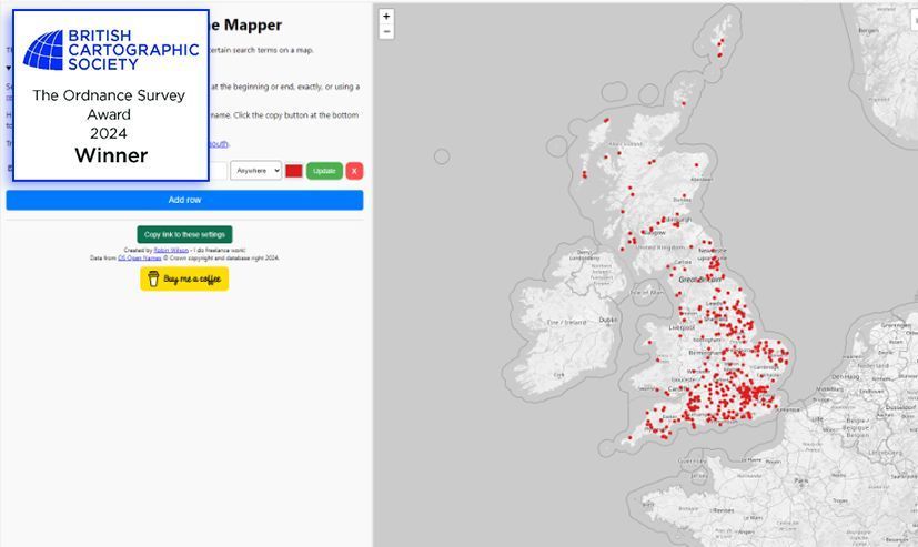 Congratuations to our @ordnancesurvey OS Award Winner: British Placename Mapper, by Robin Wilson.
Full map available here: bit.ly/3MNq0we 

X <a href="/sciremotesense/">Robin Wilson</a> 
Mastodon @robintw@mastodon.me.uk