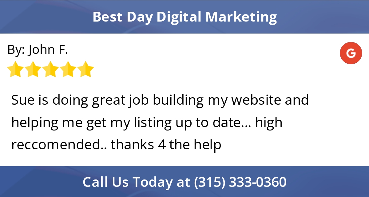 5 Star: john f. "Sue is doing great job building my website and helping me get my listing up to..."