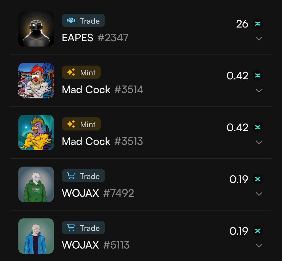 Ryoshi_versX's tweet image. GM #MultiversX.  Just woke up,grabbed my phone and started degen’ing my morning by staring the day with some new #NFT’s to stake 😎
Good deal on an #eApe, minted some #Madcocks, and swept the floor on some #Wojax.  I’m going to have to buy me a #SuperRareBear once rewards hit