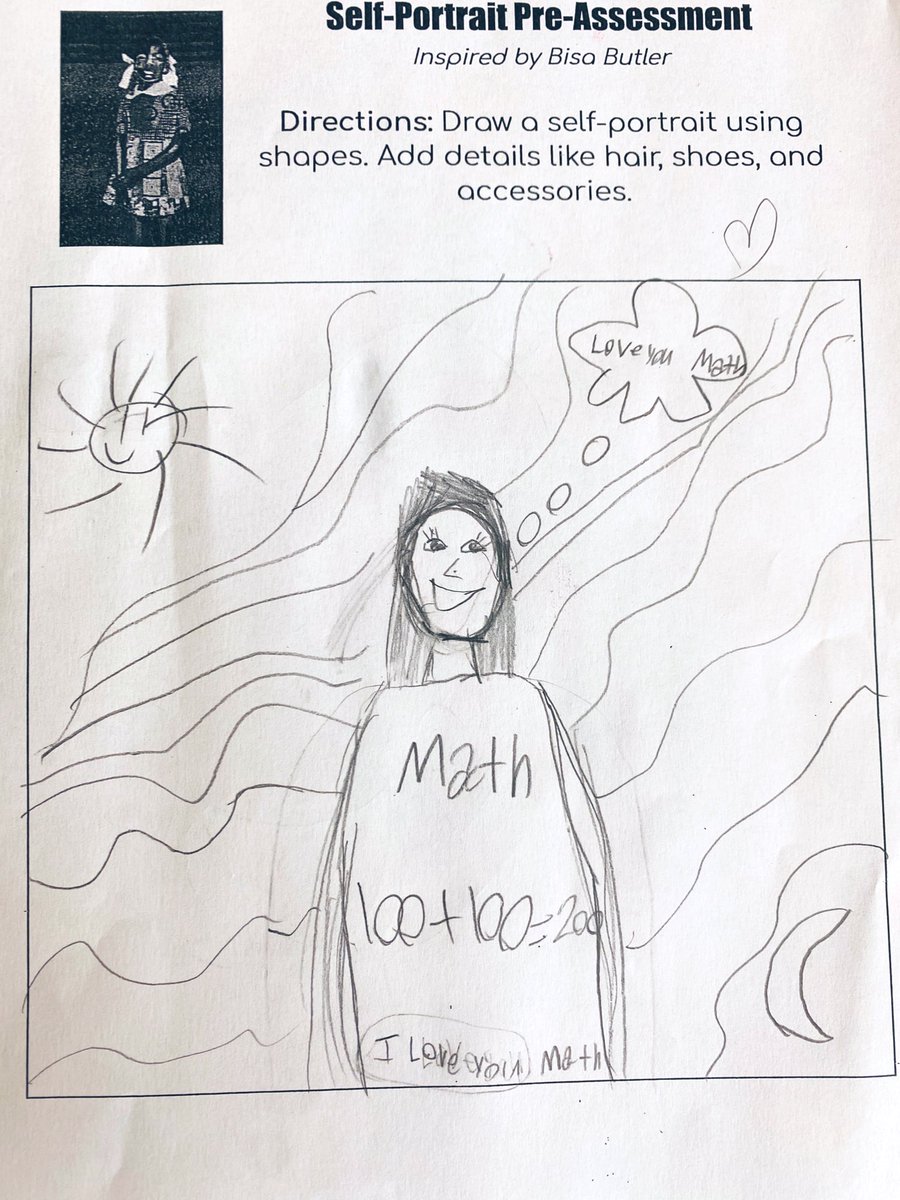 2nd Gr Ss share their practice #SelfPortraits during #OptimisticClosure 😃 Ss arranged lines and shapes to create an expressive picture of themselves. Ss shared what they were most proud of in their drawing #ConsciousDiscipline #Portraits #Drawing #Practice #DESArtStars