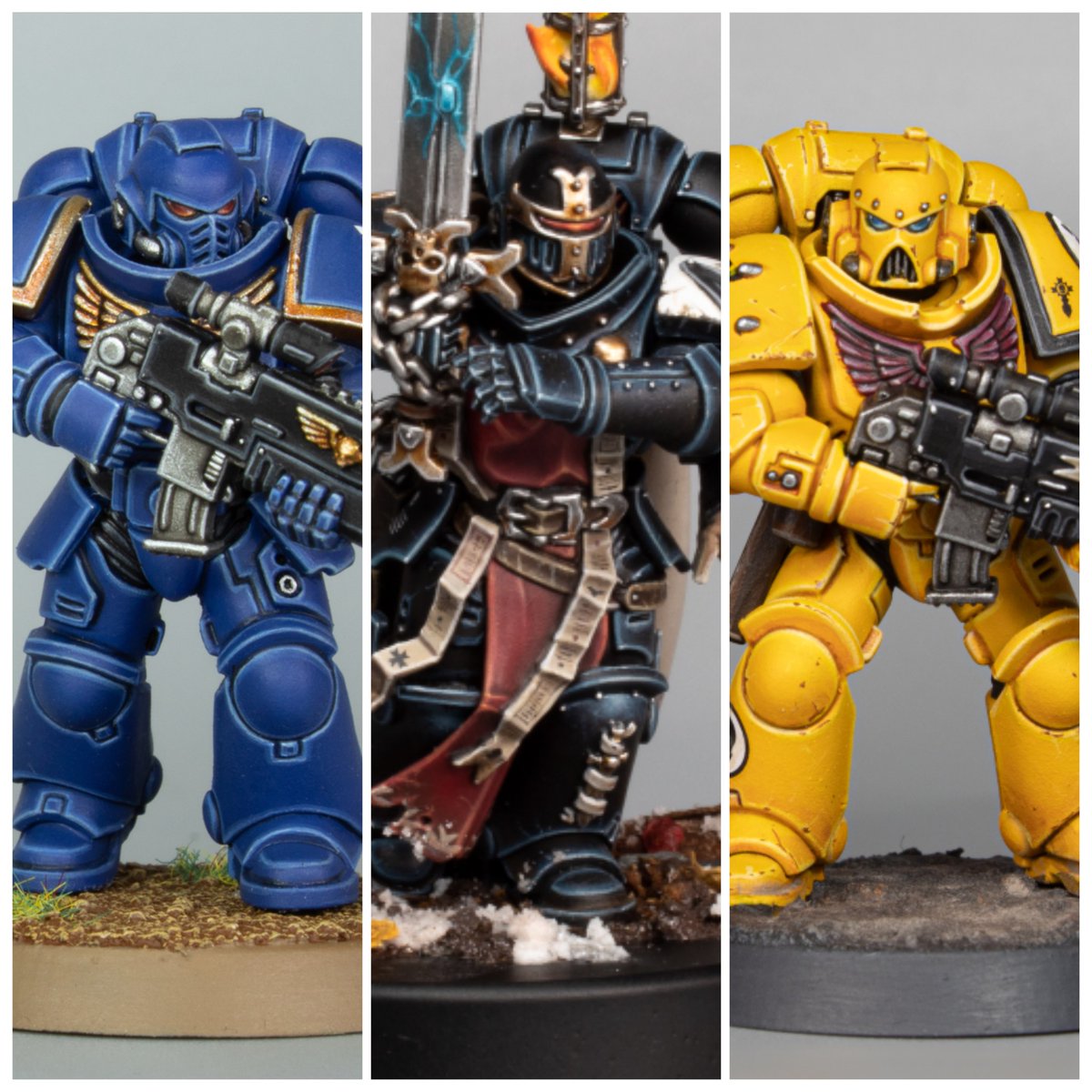 Space marines I painted recently. From left to right : Ultramarine, Black Templar and Imperial Fist . 
#warhammer40k #WarhammerCommunity #SpaceMarine