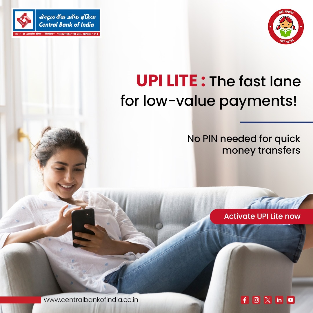 centralbank_in's tweet image. Experience seamless transactions without entering a UPI PIN—turn on UPI Lite on your UPI app today.

#UPILite #CentralToYouSince1911 #CentralBankOfIndia