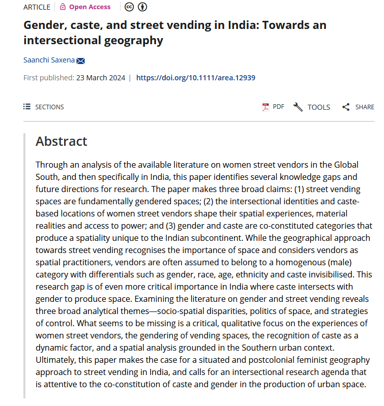 Happy to share that my Area article 'Gender, caste, and street vending in India: Towards an intersectional geography' is now open access! I argue for an intersec approach to vending that recognises the co-constitution of gender-caste-urban space in India  doi.org/10.1111/area.1…