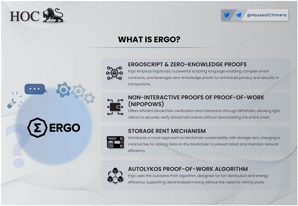 HouseofChimera's tweet photo. What is @ergo_platform?
🔹Ergo employs ErgoScript, a powerful scripting language enabling complex smart contracts, and leverages zero-knowledge proofs for enhanced privacy and security in transactions
🔸Offers efficient blockchain verification and interaction through NIPoPoWs!
$ERG
