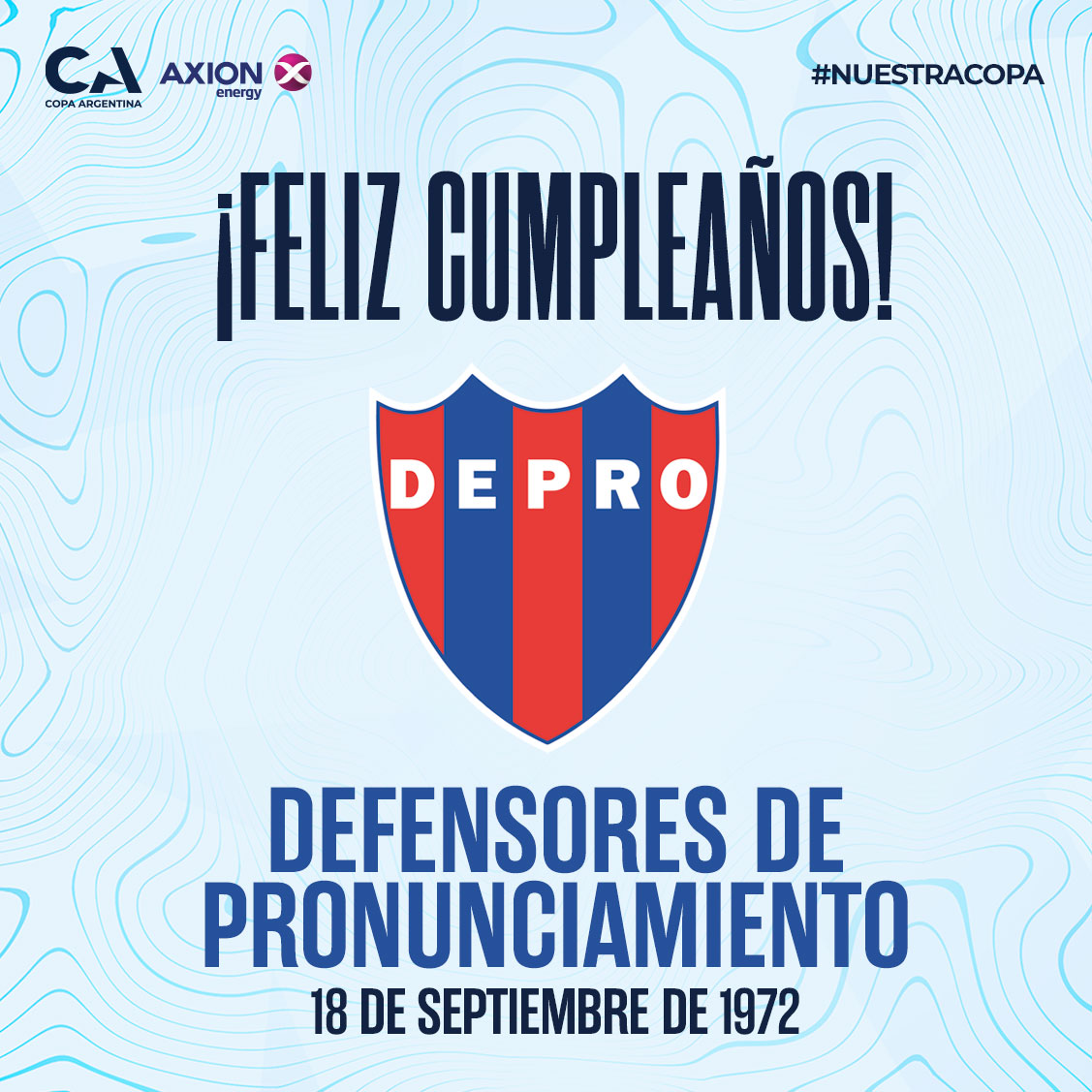 ¡Saludamos a <a href="/ClubDePro/">Club Depro</a> por sus 5️⃣2️⃣ años de vida! 🥳🌟

#CopaArgentinaAXIONenergy 🏆🇦🇷

#NuestraCopa 🙌