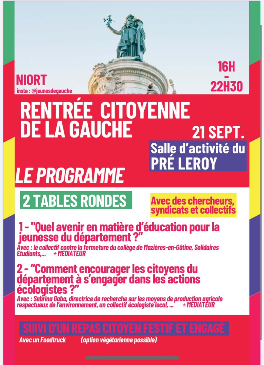 EELVDeuxSevres's tweet photo. 🎉 Le #NouveauFrontPopulaire fait sa rentrée en Deux-Sèvres !

📍 Ça se passe dans le parc de Pré Leroy à Niort, le samedi 21 septembre, dès 16h

🙌 Tout le monde est bienvenue, même si vous n'avez pas voté pour nos candidats 😉

#sortiraniort #Niort #Democratie https://t.co/AKkcyEtFdA