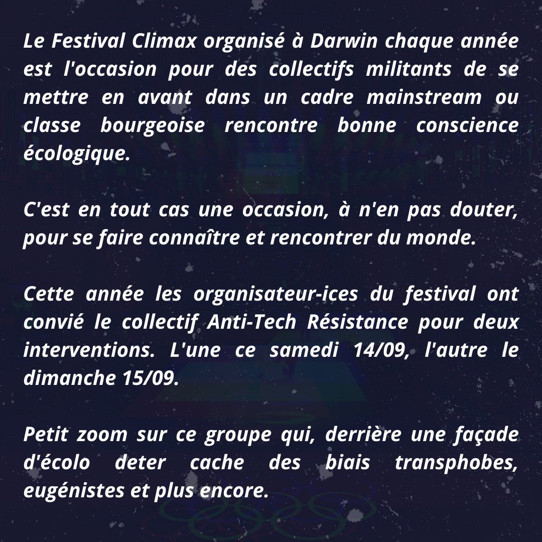 JournalRupture's tweet photo. Ce week-end 14-15/09 le festival Climax de Darwin accueille des conférences où seront présents des membres d’Anti-tech Résistance.
Qui sont ils et pourquoi leur présence est problématique. 

(Avec un peu de retard 😅) https://t.co/efaQfaOPX8