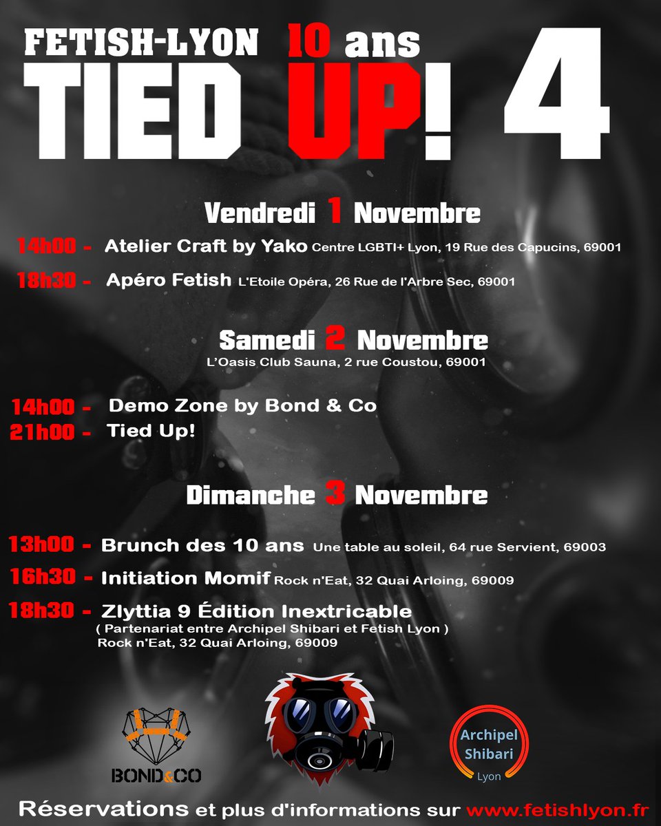 fetish_lyon's tweet image. Planning de la Tied Up! 4 ! 
·
Liens des billetteries sur : 
·
linktr.ee/fetishlyon
·