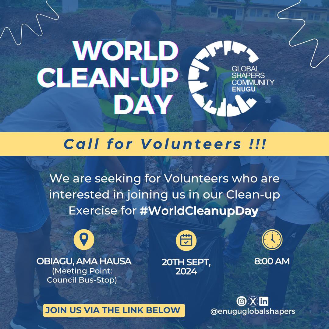 🌍 Join Us for *WORLD CLEANUP DAY* in Enugu! 💙

Sign up today via the link below to be a part of this transformative exercise! 🚀

tinyurl.com/Gsc-enugu-clea…

Let’s keep Enugu Clean!

#sustainability  #awareness  #cleanerenugu  #nolitter  #cleanerenvironmemt  #worldcleanupday_2019