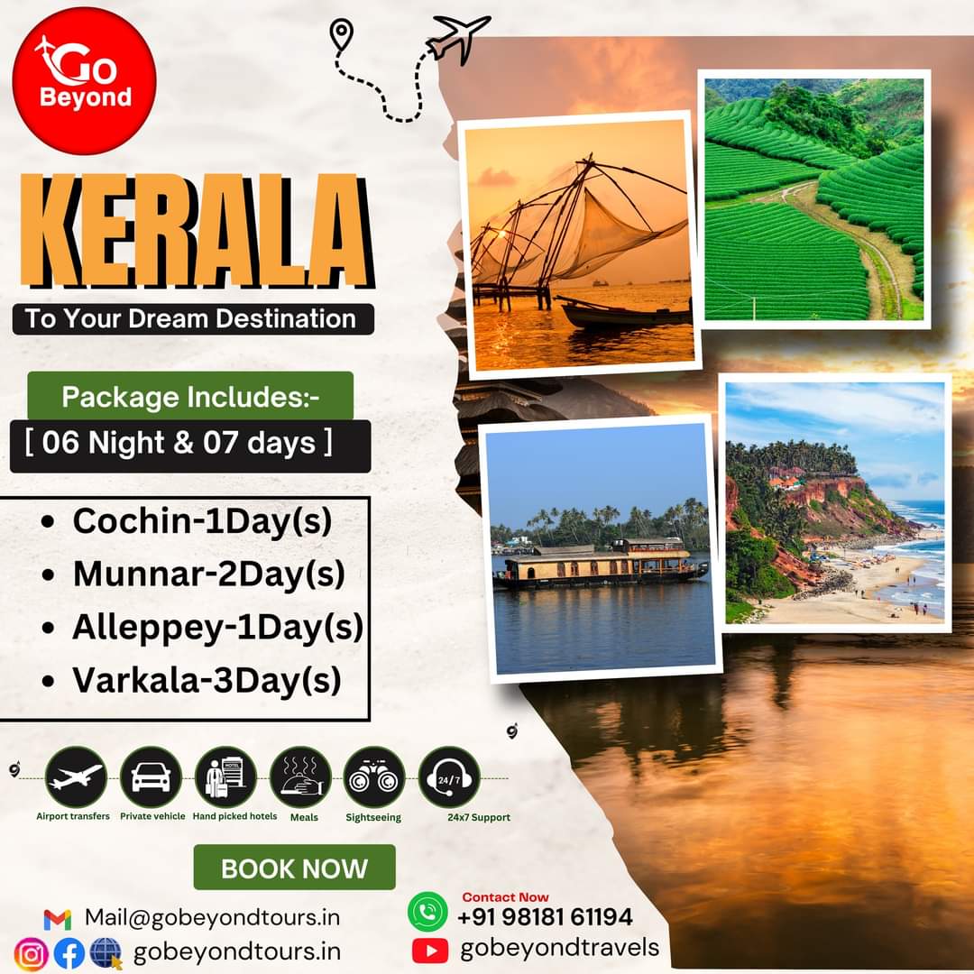 gobeyondtour's tweet photo. This green season, let's explore #GodsOwnCountry with #GobeyondTours @KeralaTourism
#Kerala
🌺Bygone era of Kochi
🌄Breath taking views of Munnar
🎶Backwaters of Alleppey
🌞Beautiful Varkala
#gobeyondindia #GoBeyondNow #GoBeyond
@gssjodhpur @Sureshgopioffcl
@MinOfCultureGoI 🇮🇳 https://t.co/3QLY48LO0a