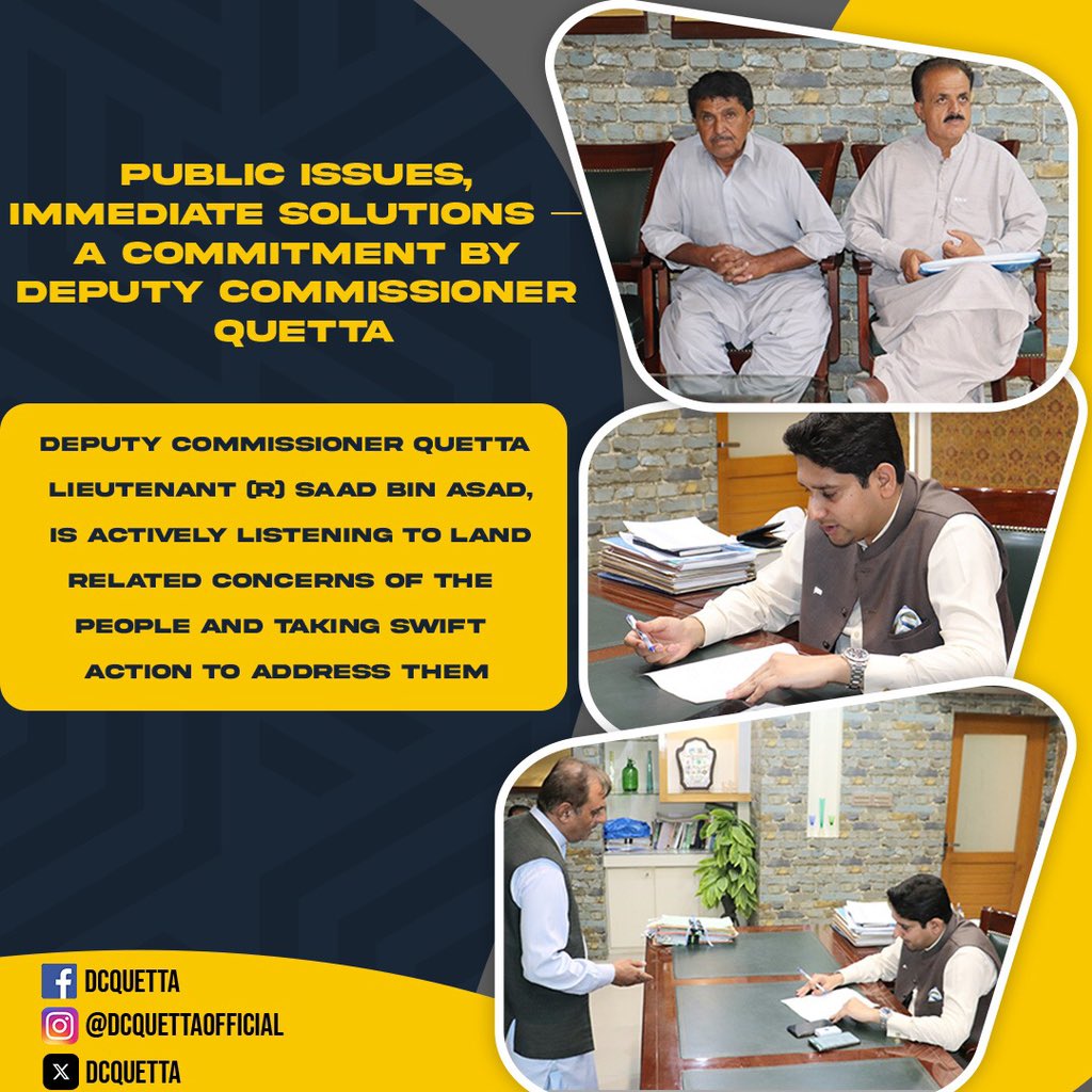 Public Issues, Immediate Solutions — A Commitment by Deputy Commissioner Quetta!

DC Quetta, Lt (R) Saad bin Asad, is actively listening to land-related concerns of the people and taking swift action to address them

#dcquetta #quetta #saadbinasad #balochistan #pakistan