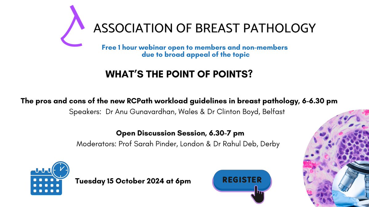 Announcing our next virtual webinar on "What's the point of points?  The pros and cons of the new RCPath workload guidelines in breast pathology" on 15/10 at 6pm .  Free for members and non-members due to broad appeal of the topic.  Register now @ us06web.zoom.us/meeting/regist…