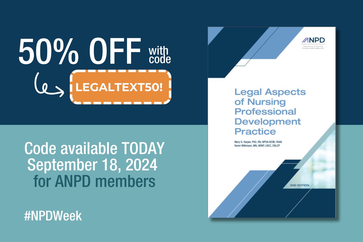 Today's #NPDWeek 📸 flash sale  📸 is a 50% discount on the Legal Aspects of Nursing Professional Development Practice. Use code LEGALTEXT50! at checkout to redeem. bit.ly/4ela28r

Discount valid for today only, September 18, 2024.