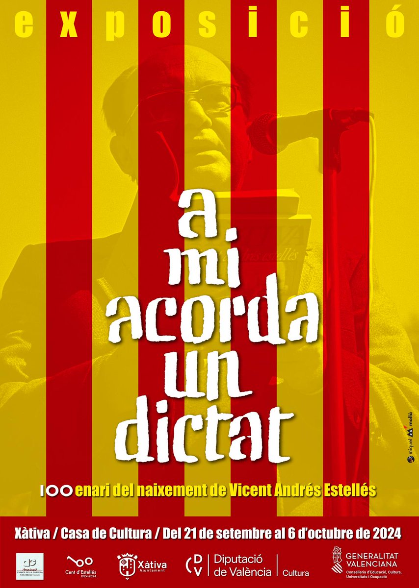 📸Aquest dissabte a les 19:30h tindrà lloc a la Casa de Cultura de Xàtiva la inauguració de l'exposició "A mi acorda un dictat", organitzada per <a href="/AmicsCostera/">Amics de la Costera</a> en homenatge a Vicent Andrés Estellés pel centenari del seu naixement.

🗓️Visitable del 21 de setembre al 6 d'octubre.