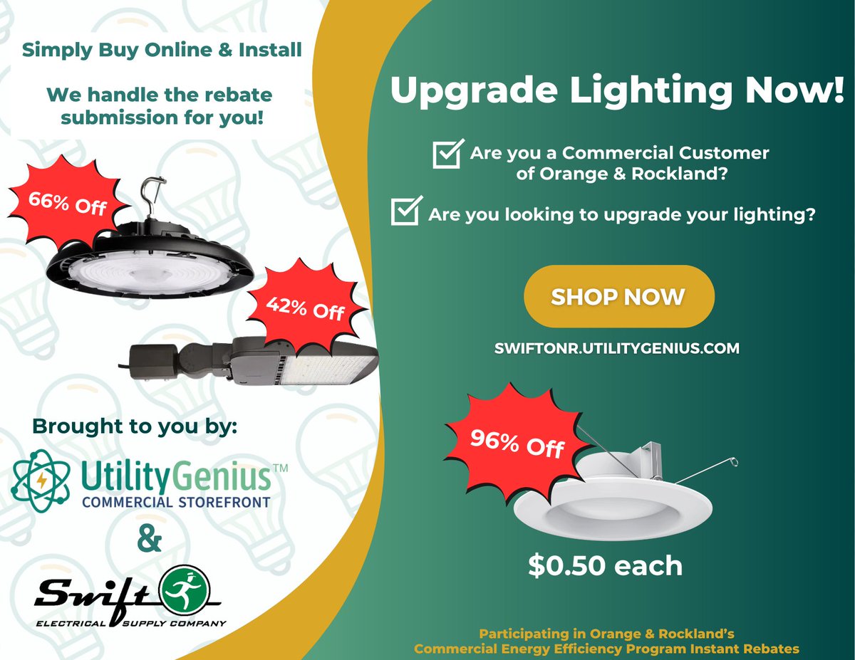 Swift Electrical Supply is the first to offer the UtilityGenius Commercial Storefront experience by Encentiv Energy to our Rockland County customers making purchases of Swift’s lighting products and earning instant rebates as simple as a few clicks. Learn more and shop now!