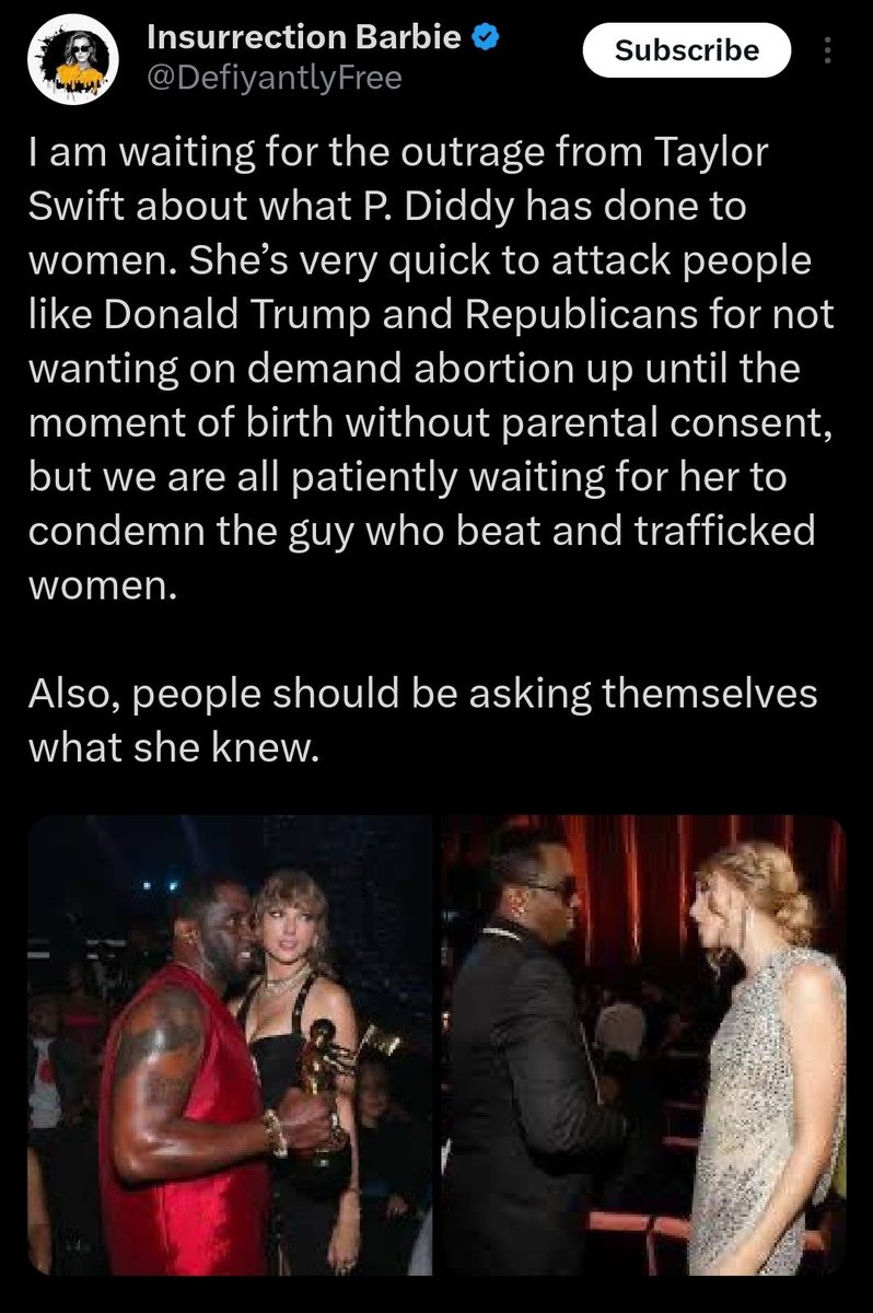 TaraBull's tweet photo. Taylor Swift won't say a word about Diddy. It's called selective outrage. https://t.co/SVFfQi5WLD