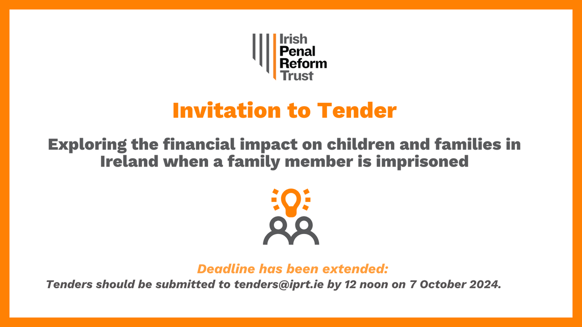 *Deadline extended* 
Invitation to Tender: Exploring the financial impact on children and families in Ireland when a family member was imprisoned.   

📅 Deadline: Tenders to be submitted to tenders@iprt.ie by 12 noon on 7 October 2024.  

Full details 👉 iprt.ie/iprt-research-…