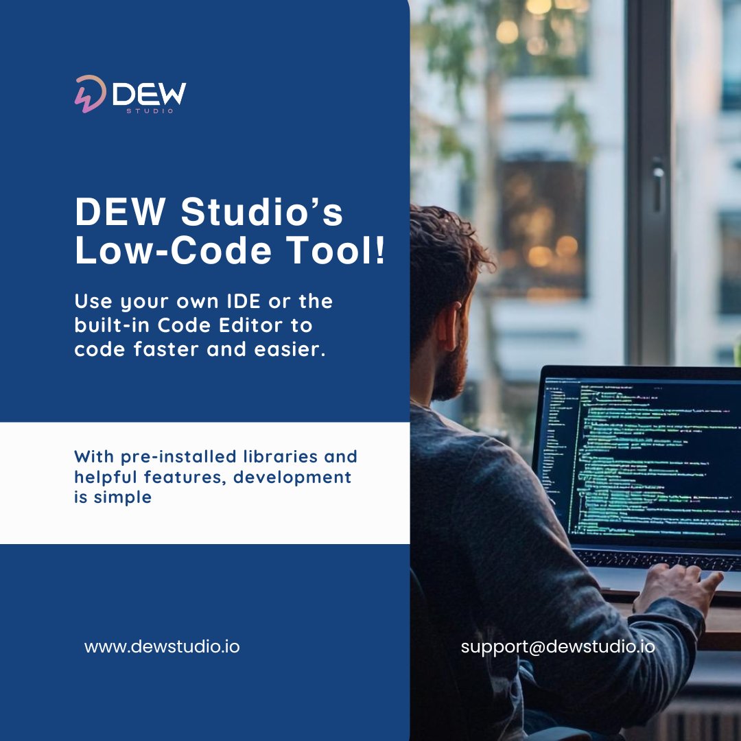dewstudio_io's tweet image. DEW Studio makes coding easier for both experienced developers and new learners. Leverage the platform to build robust applications for any business with ease.
A product developed by TechRev LLC
#DEWStudio #lowcodeplatform #lowcodetool #lowcodesolution #lowcode