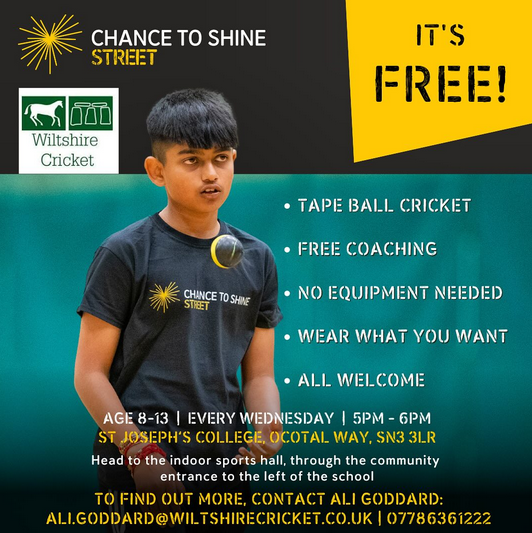 🌟STREET CRICKET IS BACK 🌟

🏏 Our @chance_to_shine #Swindon Street Cricket programme returned last week and continues from tonight ....

🗓️ Wednesdays
🕔 5pm - 6pm
📍 St Joseph’s, Swindon

➡️ wiltshirecricket.co.uk/community/stre…