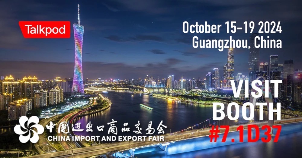 TalkpodTech's tweet photo. Talkpod brings innovation to Canton Fair (Oct 15-19)!  Booth 7.1D37 awaits! Explore our exciting communication tech! #CantonFair #Talkpod https://t.co/LhMQiQErQM https://t.co/vjIKVpQFYk